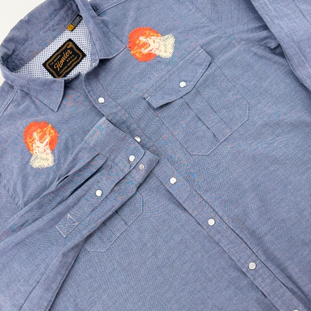 Howler Brothers Gaucho Pearl Snap Shirt Mens Large Howling Wolves Embroidery